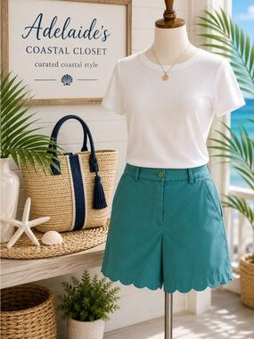 Talbots Scallop Hem Shorts Size 12 Emerald Green Stretch Chino 6” Inseam